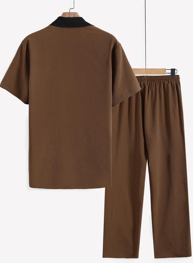 Take Two Men Brown Contrast Collar Shirt and Trousers Co-Ords - Image 2